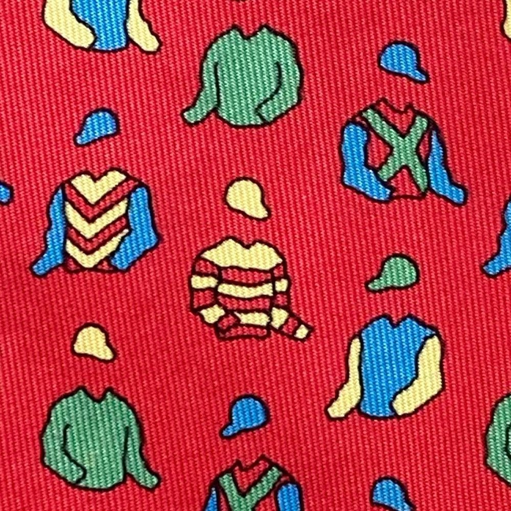 100% REAL HERMES TIE ~ CHERRY RED w BLUE YELLOW HORSE RACING JOCKEY SILK SHIRTS